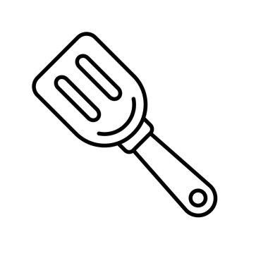Mutfak spatula ikonu. Kepçe ya da kazıyıcının doğrusal logosu. Dönmek için delikleri olan küreklerin basit bir çizimi, kuru malzemeleri temizleme, eleme. Beyaz arkaplanda izole edilmiş vektör resmini birleştir