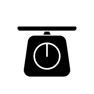 Silüet Retro ölçek simgesini kes. Ölçmek ve tartmak için ana logo. Yuvarlak ve düz plakalı küçük mutfak ölçeğinin siyah çizimi. Beyaz arkaplanda izole edilmiş vektör resmi