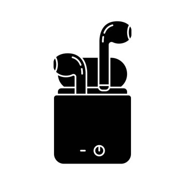 Siluet kablosuz kulaklık ve suçlama dosyası. Kabloların ana simgesi daha az kulaklık. Akıllı telefon ve mobil cihazlar için bluetooth aksesuarının siyah çizimi. Beyaz arkaplanda düz izole vektör