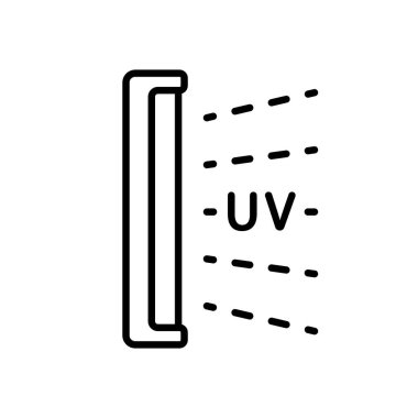 Bakteriyel ultraviyole lamba. Dezenfeksiyon ışığının doğrusal simgesi. Evdeki, klinikteki ve hastanedeki tıbbi cihazların siyah çizimi. Beyaz arkaplanda izole edilmiş vektör görüntüsünü göster. Pandemik önleme