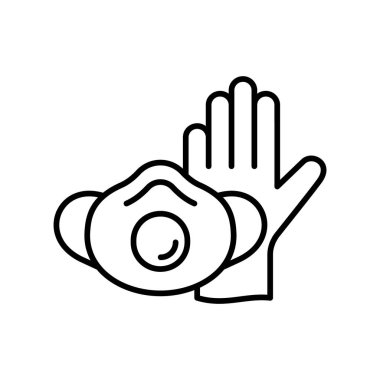 Vinil eldivenli solunum cihazı. Bireysel koruyucu ekipmanlar. Salgın sırasında virüse karşı cerrahi maskenin doğrusal çizimi. İzole edilmiş vektör simgesini ekle, beyaz arkaplan