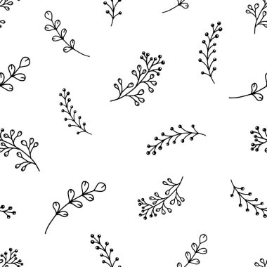 Zarif yapraklı el çizimi çiçekler. Beyaz arka planda kusursuz bir düzen var. Botanik vektör arkaplanı. Duvar kağıdı ve tekstil için karikatür çizimi. Kırsal biçim