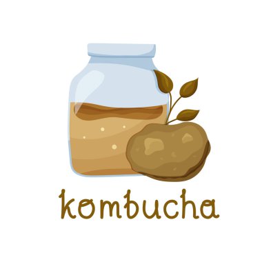 Çizgi film el çizimi vektör çizimi. Yüzen çay mantarı, çay yaprakları ve kombu çayı ile dolu cam kavanozlu renkli poster. Düz gıda konsepti