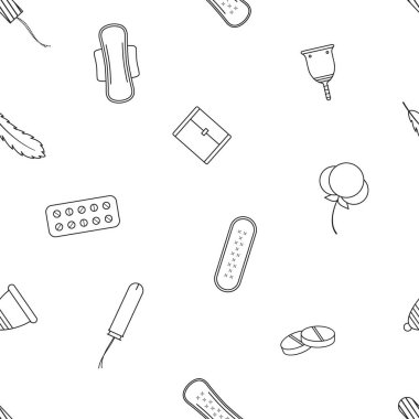 Kusursuz renk vektör deseni. Jinekoloji için düz arka plan. Beyaz arka planda kadın hijyen ürünleri. Paket tasarımı için duvar kağıdı. Adet bardağı, ped, tampon, tüy, tablet