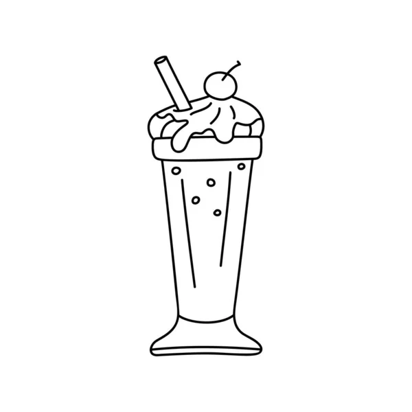 环游鸡尾酒图标 高杯奶昔加奶油 糖浆和樱桃 手绘卡通画 白色背景上的涂鸦风格的孤立向量符号 — 图库矢量图片
