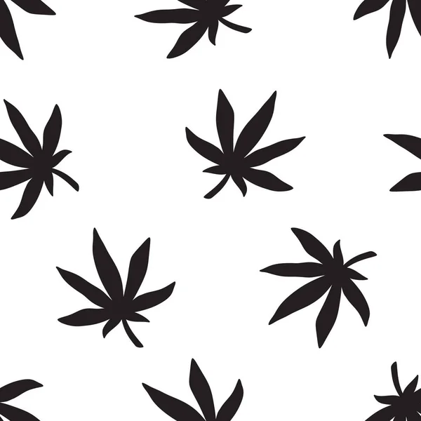 シルエット大麻の葉 シームレスな花のベクトルパターン 漫画の手は白い背景にマリファナを描いた 包装のための落書きフラットイラスト — ストックベクタ