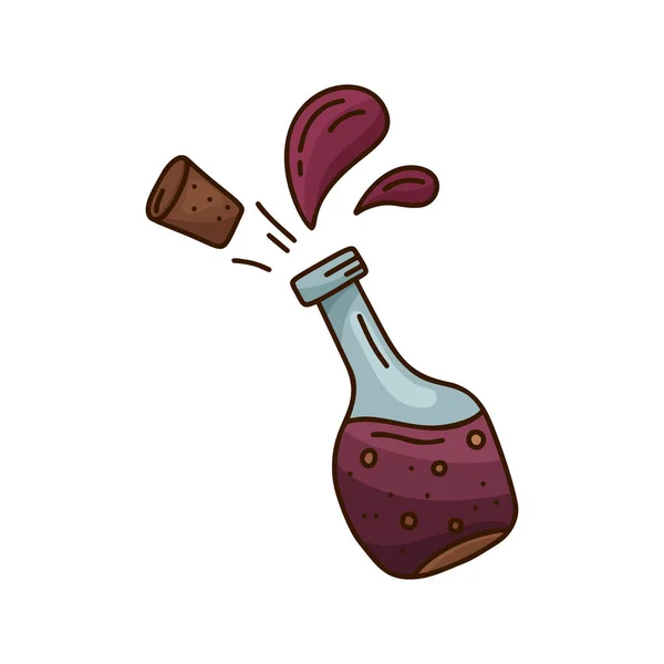Cartoon Doodle Flasche Mit Isoliertem Fliegendem Korken Und Spritzer Rotwein — Stockvektor