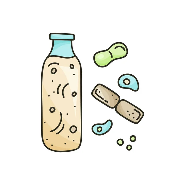 Doodle Garrafa Com Bactérias Desenhos Animados Ilustração Bebidas Lácteas Fermentadas — Vetor de Stock