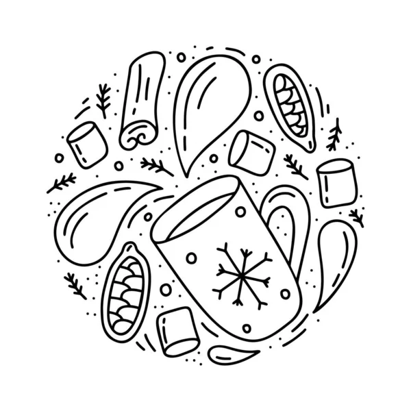 Στρογγυλό Πρότυπο Doodle Της Ζεστής Σοκολάτας Καφέ Χειροκίνητη Διανυσματική Έννοια — Διανυσματικό Αρχείο