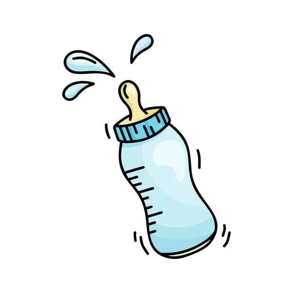 Kippelblaue Babyflasche Mit Schnuller Und Fliegenden Milchtropfen Cartoon Doodle Symbol — Stockvektor