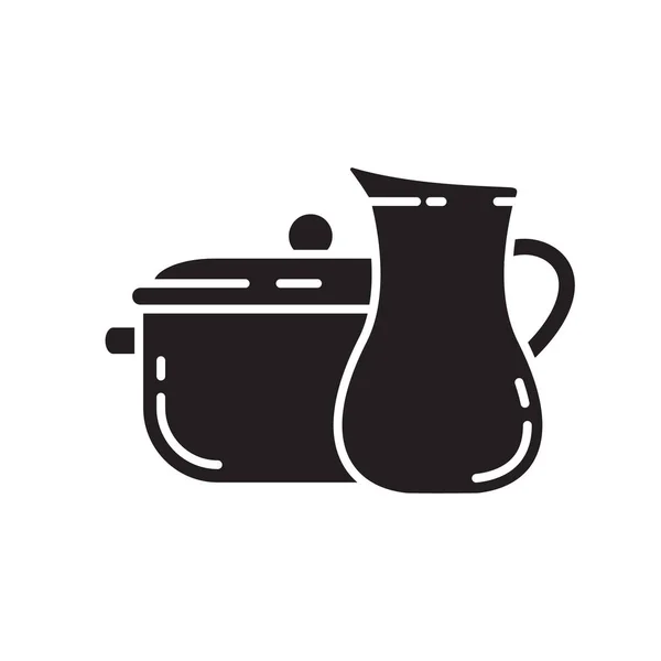 Ausschneiden Silhouette Topf Mit Krug Symbol Skizzenvorlage Für Küchenutensilien Schwarz — Stockvektor