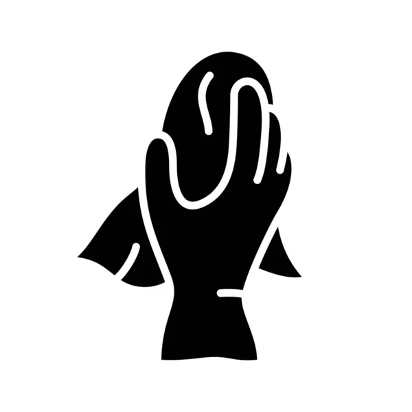 シルエット家庭用ゴム手袋の手はラグを保持しています 洗浄ほこり ワイプ家具 床の概要アイコン ぬれた家のクリーニング 研磨面のための黒いイラスト フラット隔離ベクトルエンブレム — ストックベクタ