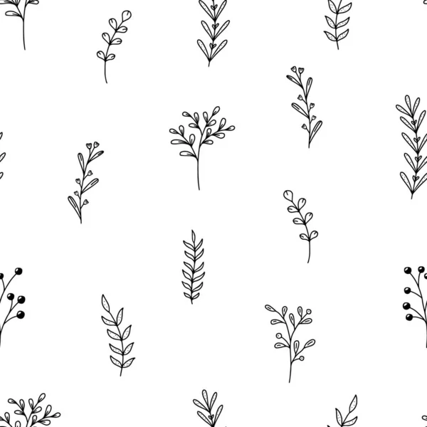 Bloemen Naadloos Patroon Eenvoudige Doodle Bloemen Greens Witte Achtergrond Handgetekende — Stockvector
