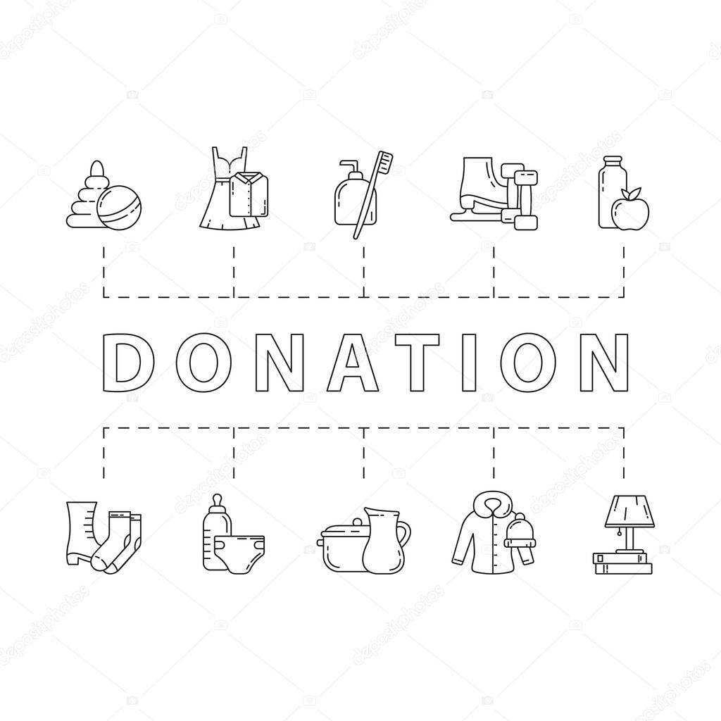 Horizontal donation poster. Charity banner with linear icons and text. Black white illustration. Set of contour isolated vector elements. Categories of stuffs to give: food, clothes, baby toys, shoes