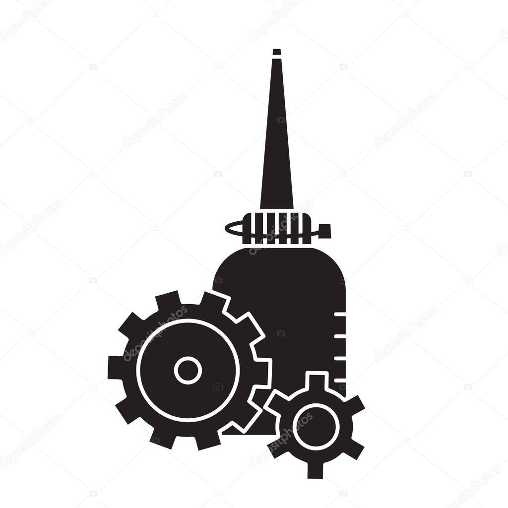 Cutout silhouette Oiler with two cogwheels in foreground. Outline icon of motor lubricating oil. Black illustration. Flat isolated vector image on white background. Bottle with long nose and gears