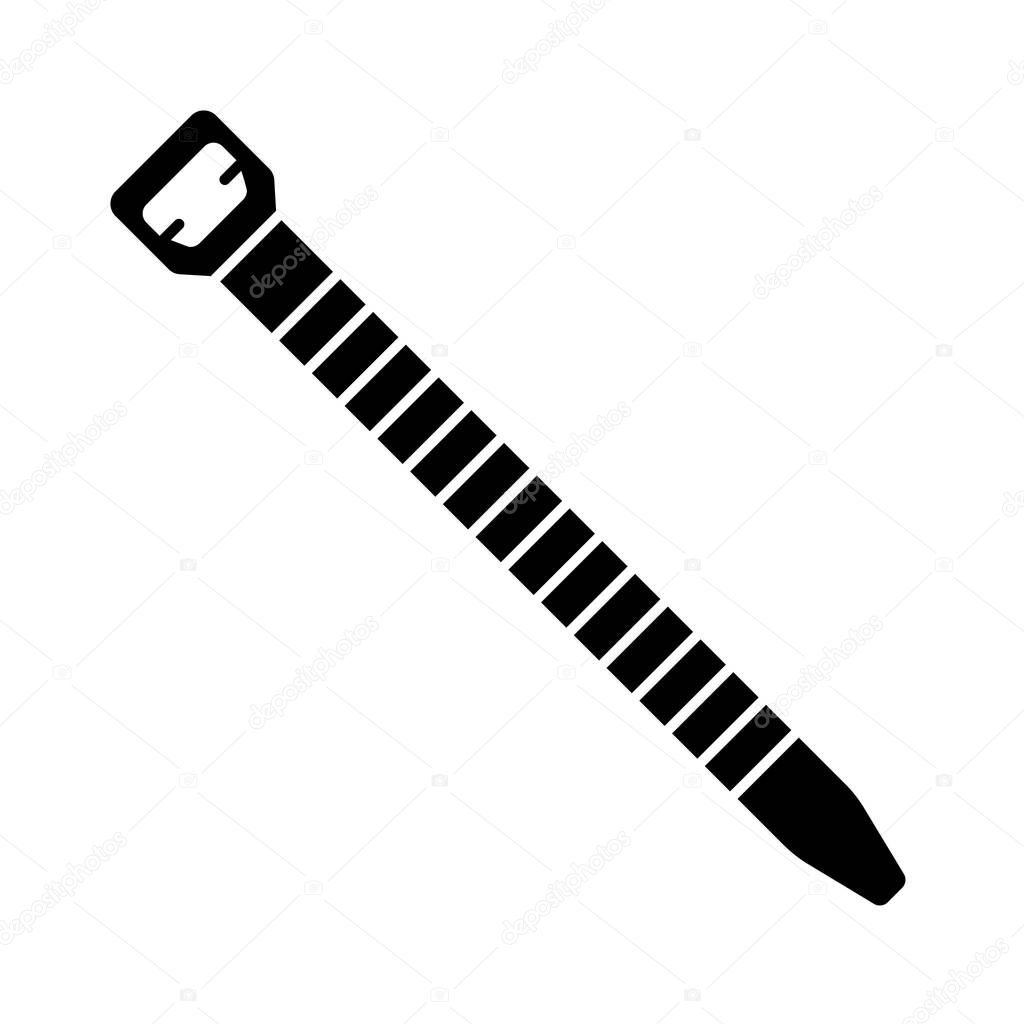 Cutout silhouette Cable tie icon. Outline logo of building materials. Black simple illustration for electrical goods. Flat isolated vector image on white background. Long straight strip of plastic