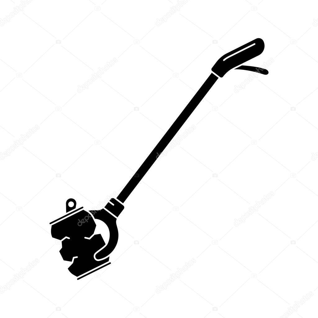 Silhouette Picking up garbage stick. Outline icon of litter picker gripper and crushed can. Black illustration of Long-reach grabber. Flat isolated vector on white background. Symbol of trash removal