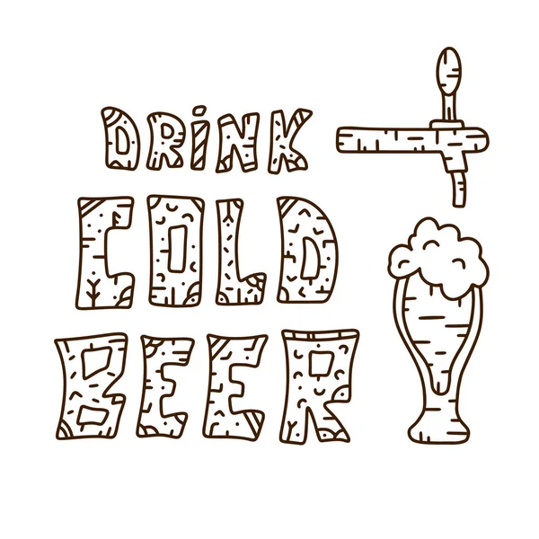Konturvektorplakat Trinken Sie Kaltes Bier Schriftzug Doodle Stil Quadratische Handgezeichnete — Stockvektor
