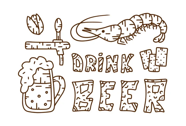 Umrissbuchstaben Trinken Bier Snacks Rechteckige Doodle Illustration Für Menükneipen Und — Stockvektor