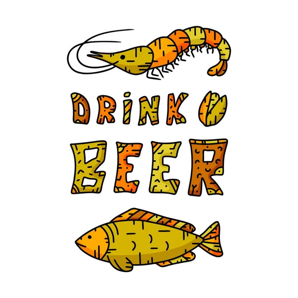 Banner Cor Vertical Doodle Lettering Com Peixe Camarão Bebe Cerveja — Vetor de Stock