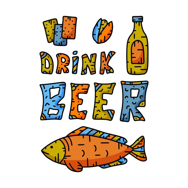 Cor Engraçada Bandeira Vertical Texto Beber Cerveja Com Lanches Diferentes — Vetor de Stock