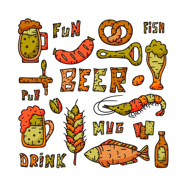 Conjunto Canecas Cerveja Comida Para Pub Design Menu Site Festival — Vetor de Stock