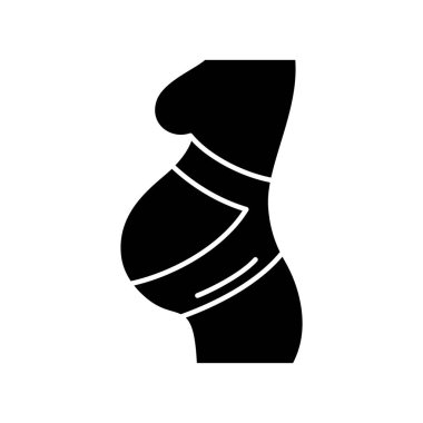 Silueti kes, ortopedik doğum öncesi kemeri. Çift destek kemerinin ana simgesi. Karnında bandaj olan hamile bir kadının resmi, tıbbi bakım. Beyaz arkaplanda düz izole vektör