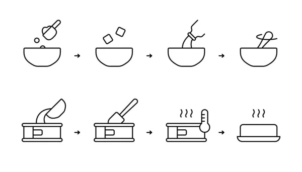 烘焙混合说明 烹调自制饼干 烤箱面包的步骤 蛋糕盘 线形图标设置 黑色等高线矢量插图 — 图库矢量图片