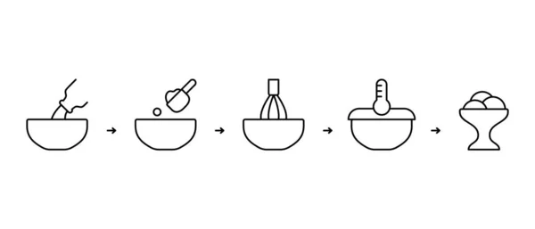 冰淇淋粉末说明 烹调自制甜点的步骤 将干搅拌器倒入碗中 加入牛奶 线形图标设置 黑色等高线矢量插图 — 图库矢量图片