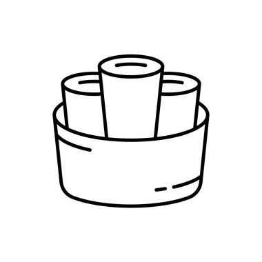 Tayland usulü dondurma. Kızarmış dondurmanın doğrusal simgesi. Yuvarlak sepetteki üç tatlı rulosunun siyah çizimi. Beyaz arkaplanda izole vektör logosunu birleştir