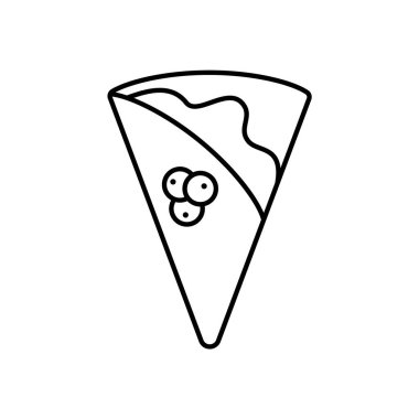 Soslu ve dutlu krep. İnce tatlı krepinin doğrusal simgesi. Kızarmış hamur üçgeninin siyah çizimi. Beyaz arkaplanda izole vektör logosunu birleştir