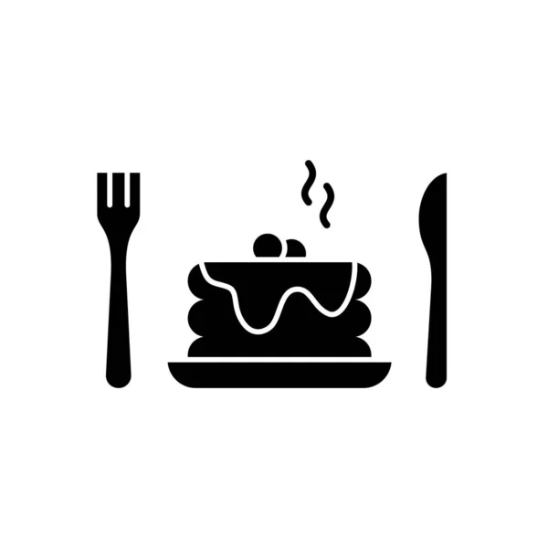 ソースや蜂蜜とふわふわパンケーキのスタック シロップ ベリー フォーク ナイフでシルエットのパンケーキ 古典的なアメリカの朝食の概要アイコン 黒のイラスト フラット分離ベクトル 白の背景 — ストックベクタ