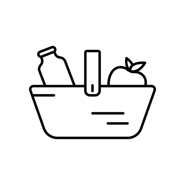 フードバスケットのアイコン 食料品店の線形ロゴ ショップのための黒シンプルなイラスト 白い背景にアイソレートベクトル画像を輪郭 牛乳とリンゴのボトル入りのバスケット — ストックベクタ