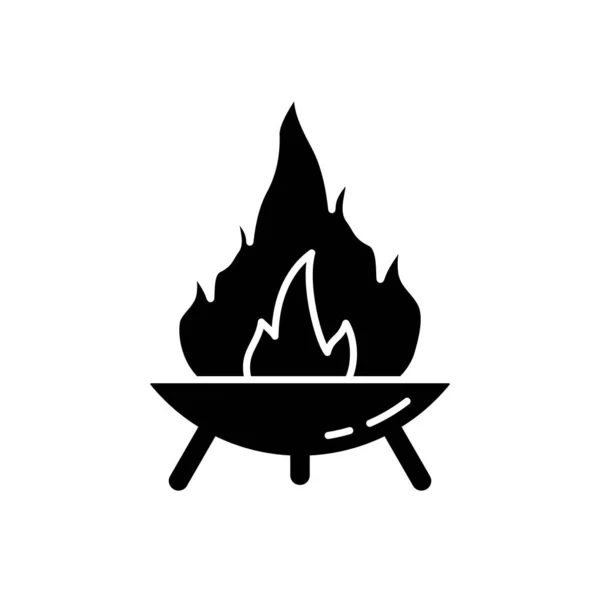シルエット火災ピット3本足で 屋外や旅行キャンプファイヤーを作るのシンボル ディワリ祭のアイコン 概要丸いたき火のボウル キャンプ用イラスト フラット分離ベクトル 白の背景 — ストックベクタ