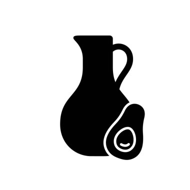 Avokado yağı, siluet simgesi. Kesik meyve ve tohumlu sürahi. Kozmetik için organik malzeme. Sağlıklı bitkisel yağ. Paketleme tasarımı için özet siyah illüstrasyon, eko ürün. Düz izole vektör