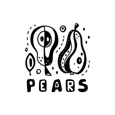 Armut siyah kare baskı. İki meyve, harf. Çizilmiş el çizimi taslak çizimi. Torba, kart, etiket üzerindeki ekolojik damga için stilize görüntü. Düz izole vektör, beyaz arkaplan