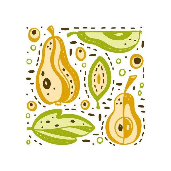 黄色い梨 緑の葉 抽象的な要素を持つ正方形のポスター 様式化された庭の果物 隔離されたアイコンセット 手の色のイラストを描いた人形 ベクトル画像のためのスタンプバッグ ラベル — ストックベクタ