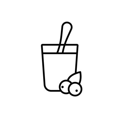 Kaşık ve böğürtlenli yoğurt kavanozu. Sağlıklı doğal kahvaltının doğrusal simgesi. Bardakta tatlı, puding ve meyveli süt ürünlerinin siyah çizimi. İzole edilmiş vektörü ekle