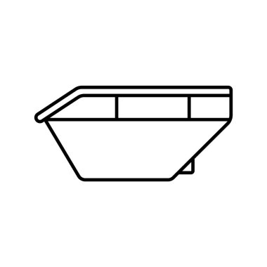 Tekne şekilli çöp kutusu. Metal çöp kutusunun doğrusal simgesi. Büyük endüstriyel atıkların siyah çizimi. Apartman binasının bitişik bölgesinin bir parçası. İzole edilmiş vektör piktogramını ekle