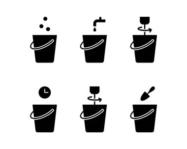 Process of preparation building mixture. Silhouette icons for construction dry powder instruction. Dilution of cement, sand concrete, grout, gypsum, plaster. Water, bucket, mixer. Black flat vector clipart