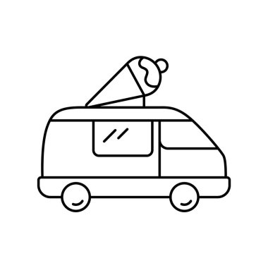 Dondurma kamyonu. Çatıda dondurma külahı olan kamyonun doğrusal simgesi. Araba dükkanının yaz tatlıları ile basit siyah çizimi. Beyaz arkaplanda izole edilmiş vektör piktogramını ekle