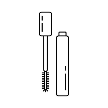 Maskara çizgisi sanat simgesi. Ayrı bir tüp, kirpik fırçası. Dekoratif kozmetiğin siyah çizimi, kadın makyajı. Beyaz arka planda izole edilmiş bir vektörü birleştir. Dükkan için logo, paket tasarımı