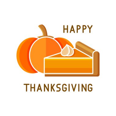 Şükran Günü posteri kutlu olsun. Mektup, bir dilim kremalı balkabağı turtası. Tebrik kartı ve afiş için turuncu illüstrasyon. Düz izole vektör, beyaz arkaplanda çizgi film resmi