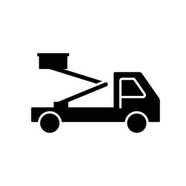Silhouette Aerial platform. Outline icon of truck with basket. Black simple illustration of construction special equipment. Flat isolated vector pictogram, white background clipart