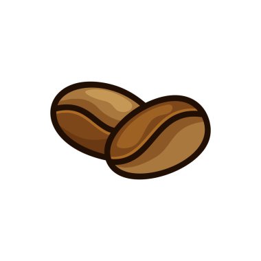 İki kahve çekirdeği ikonu. Renkli karalama paketleme tasarımı. Çizgi film çizimi taze çiğ kahve, doğal ürün. Beyaz arkaplandaki izole vektör amblemini birleştir. Doğrusal basit resim grafiği