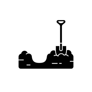 Silhouette Pit dug in ground with shovel. Soil preparation for planting. Piece of land with trench. Outline black illustration of gardening, excavation, bury. Flat isolated vector on white background clipart