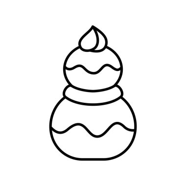 Dini kullanım, siyah doğrusal simge. Çikolatalı Fransız choux pastası. Gangache kremiyle yapıştırılmış iki profiterol tatlısı. İzole edilmiş vektörü birleştir. Şekerleme veya kafe menü logosu, paket tasarım amblemi