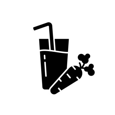 Siluet Havuç suyu. Saman ve sebzeli cam ikonu. Taze vejetaryen içeceği, sağlıklı diyet içeceği, vitamin nektarı. Düz izole vektör amblemi, beyaz arkaplan