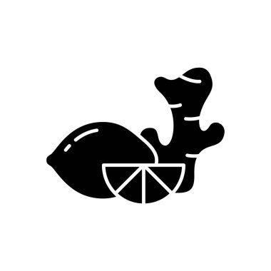 Siluet Ginger ve limon. Soğuk algınlığını tedavi etmek için çay yapmak. Turunçgil meyvesinin ana simgesi, kök. Klasik zevkin siyah çizimi. Düz vektör, beyaz arkaplan. Ambalaj tasarımı amblemi