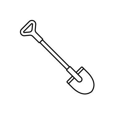 Süngü küreği. Saplı kazma aracının doğrusal simgesi. Toprak işlerinin, bahçeciliğin siyah çizimi. Beyaz arkaplanda izole edilmiş vektör amblemini birleştir